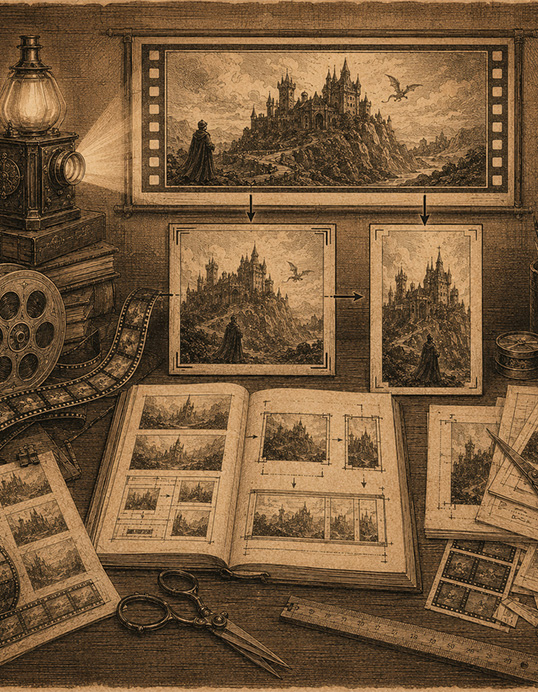 A vintage engraving of a film frame being reformatted into square and vertical crops, with a storyboard and film reel on a desk